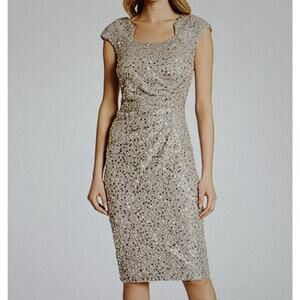 Tahari ASL Women’s Size 12 Sheath Dress Silver Sequin Lace Cap Sleeve Ruched